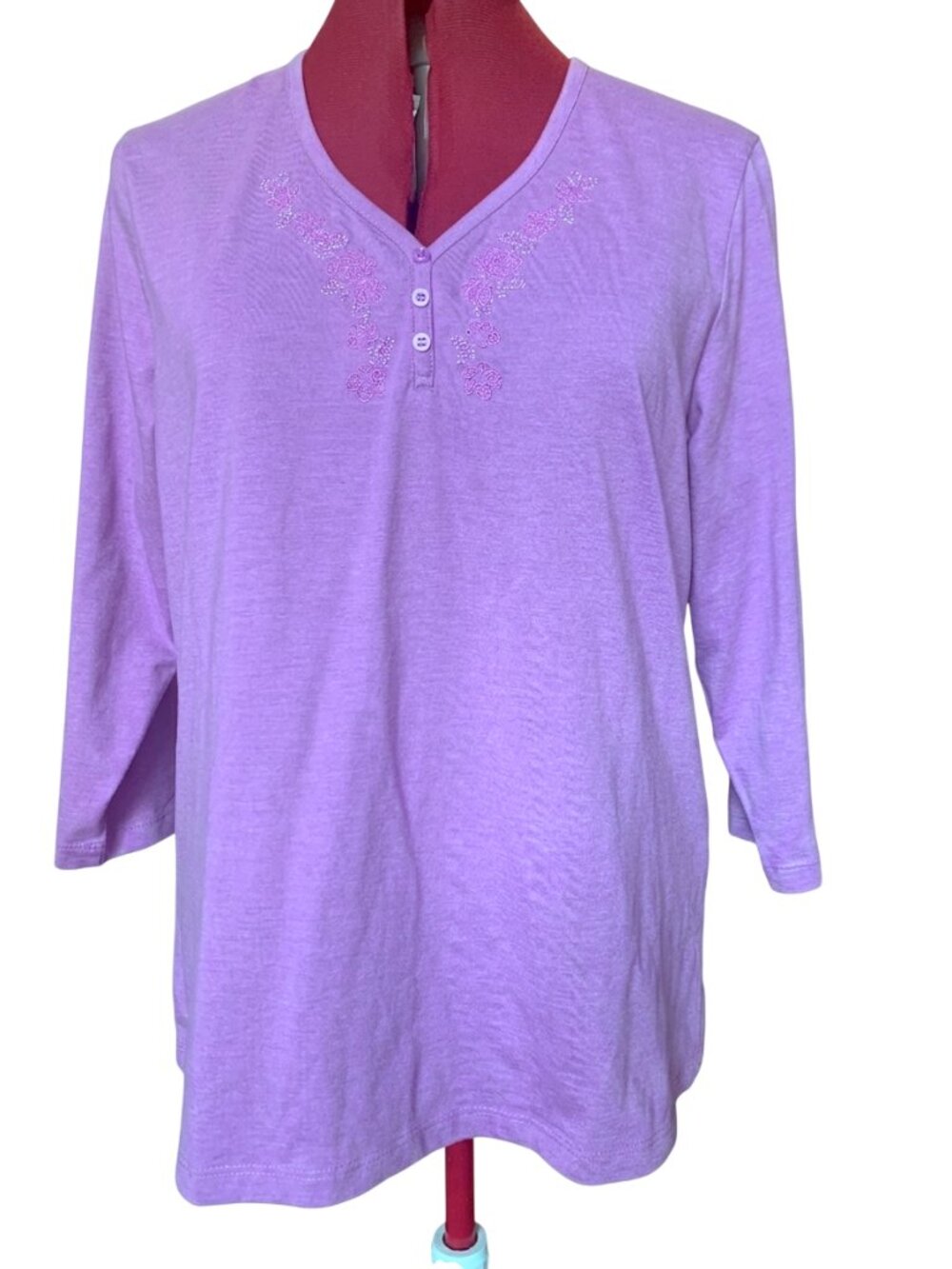 Allison Daley | Lavender Embroidered V-Neck Henley Long Sleeve Top - Size Medium